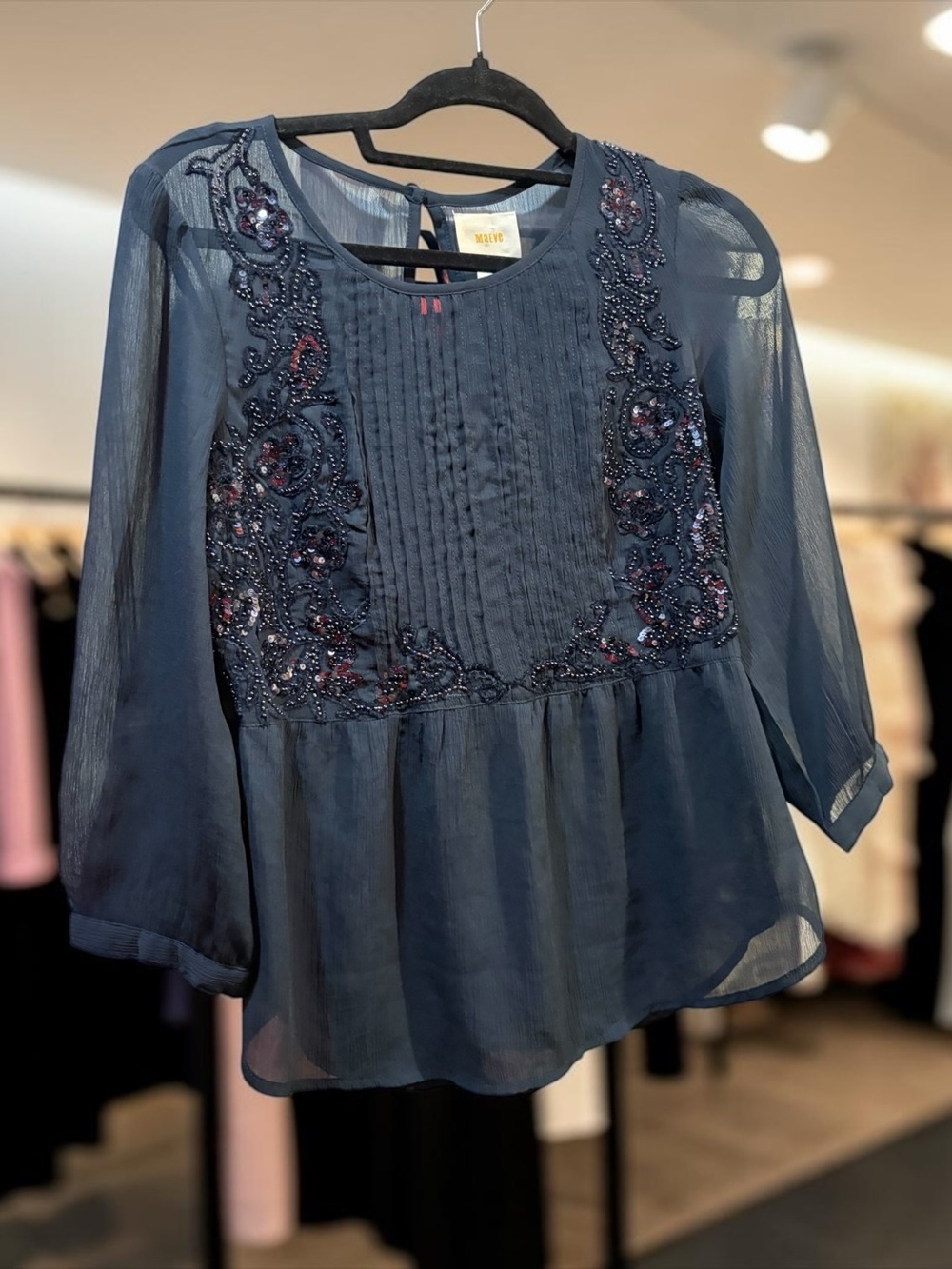Maeve Anthropologie Navy Beaded peplum sheer sleeve top size 4
